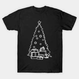 White Line Drawing Christmas Tree and Gift Boxes T-Shirt